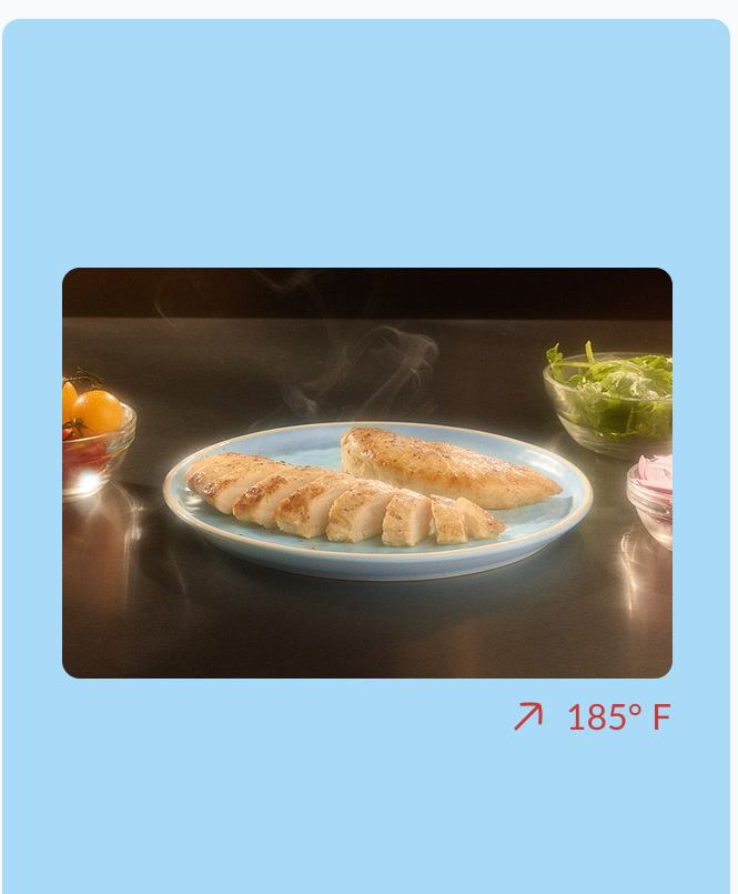 Plated chicken on a pale blue surface
