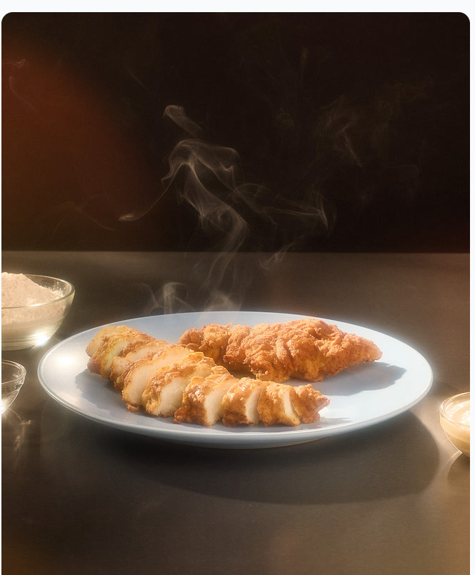 Plated chicken with steam in warm kitchen light